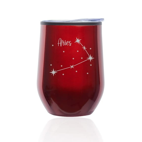 Stemless Wine Tumbler Coffee Travel Mug Glass with Lid Star Zodiac Horoscope Constellation (Red) (Aries)