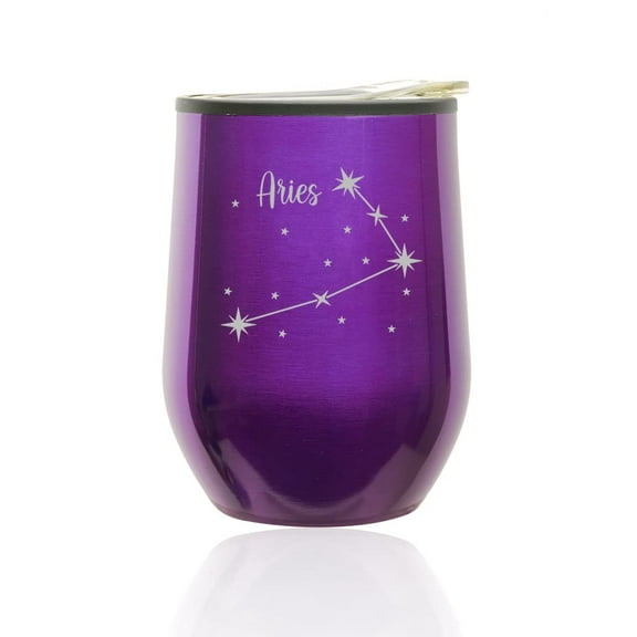 Stemless Wine Tumbler Coffee Travel Mug Glass with Lid Star Zodiac Horoscope Constellation (Royal-Purple) (Aries)