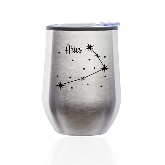 Stemless Wine Tumbler Coffee Travel Mug Glass with Lid Star Zodiac Horoscope Constellation (Silver) (Aries)
