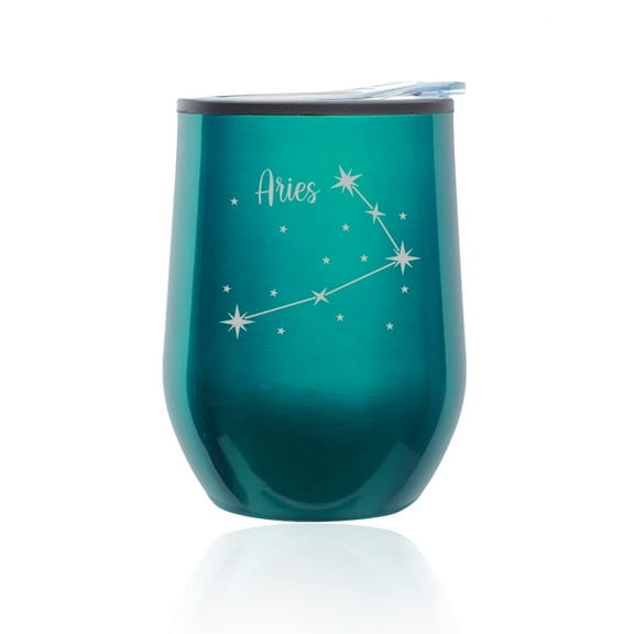 Stemless Wine Tumbler Coffee Travel Mug Glass with Lid Star Zodiac Horoscope Constellation (Turquoise-Teal) (Aries)