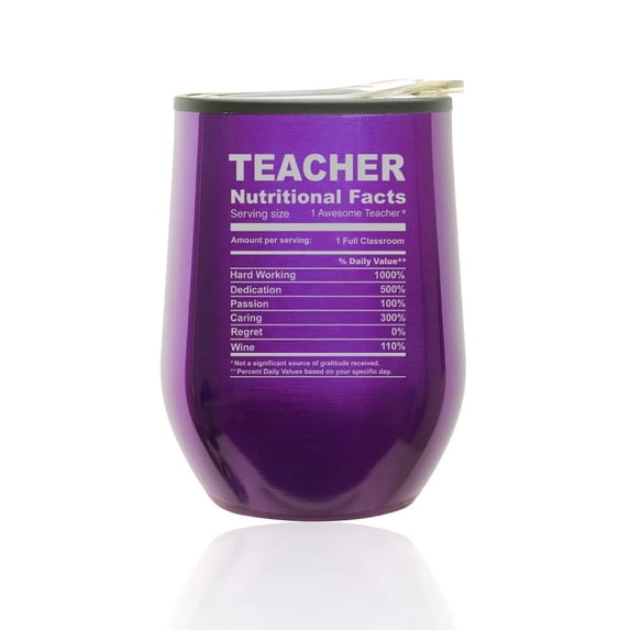 Stemless Wine Tumbler Coffee Travel Mug Glass with Lid Teacher Nutrition Facts Funny Gift (Royal Purple)