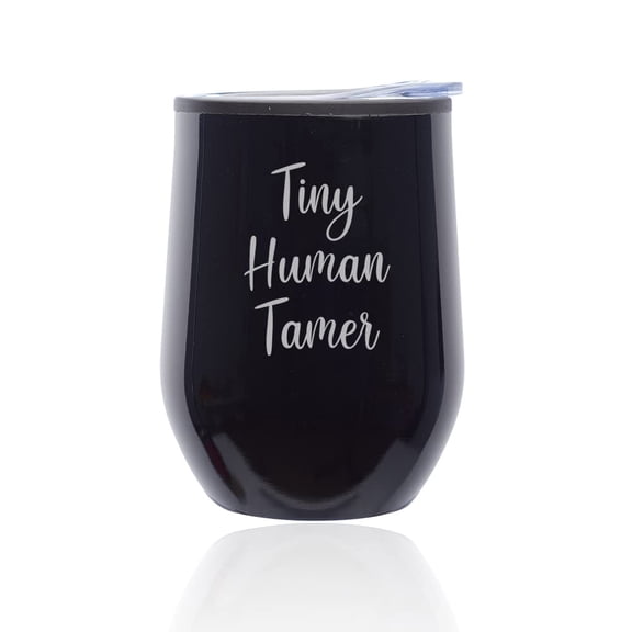 Stemless Wine Tumbler Coffee Travel Mug Glass with Lid Tiny Human Tamer Funny Preschool Teacher Daycare (Midnight Black)