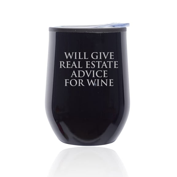 Stemless Wine Tumbler Coffee Travel Mug Glass with Lid Will Give Real Estate Advice For Wine Funny Realtor Real Estate Agent Broker (Midnight Black)