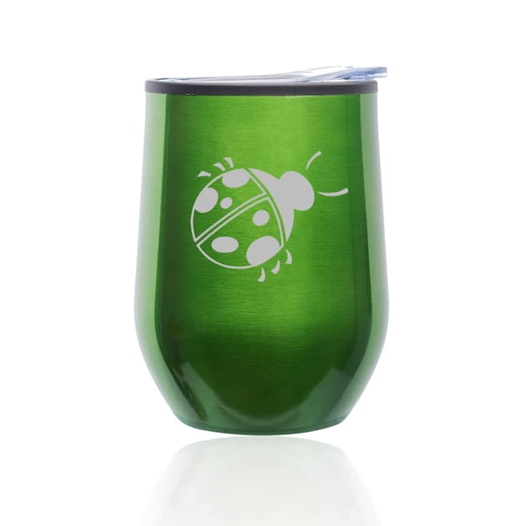 Stemless Wine Tumbler Coffee Travel Mug Glass with Lid ladybug (Green)