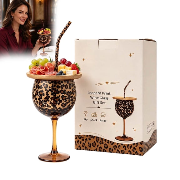 Stemmed Wine Glasses Leopard Print Glass Gift Set Charcuterie Board Reusable Straw Gift Box for Girls Night Birthday Party Housewarming