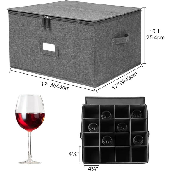 Stemware Storage Cases 2 Pack, Wine Glass Storage Box with Dividers, Holds 16 Glasses, Hard Top and Stackable (Grey)