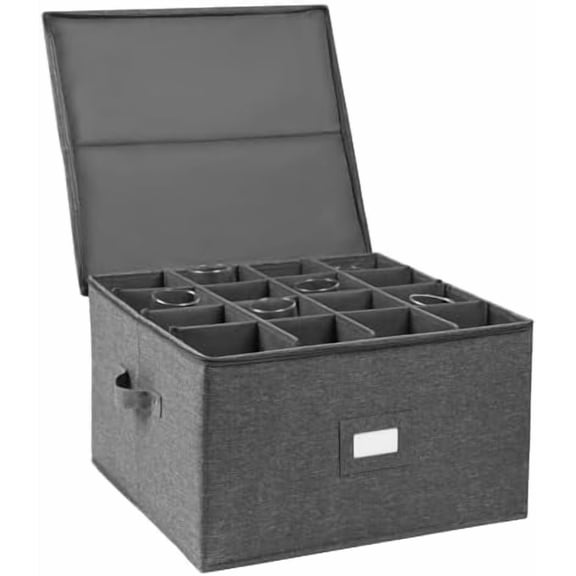 Stemware Storage Cases, Wine Glass Storage Box Containers with Dividers for Glassware or Crystal, Holds 16 Red or White Wine Glasses, Hard Top and Stackable (Grey)