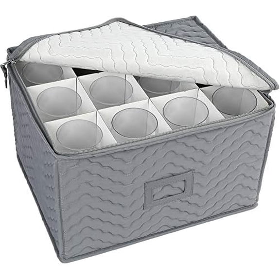 Stemware Storage Container - Deluxe Quilted Storage Case with Dividers for 12 - Wine Glasses, Champagne Flutes, Glassware, Drinkware Storage Box Chest, 15.5"x12.5"x 10", Gray