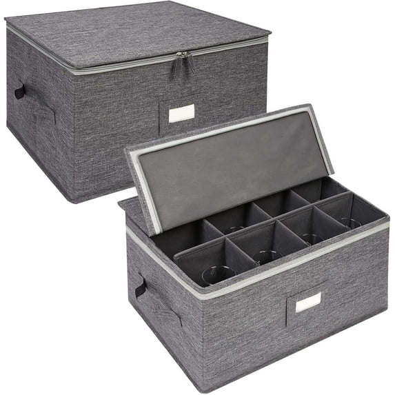 Stemware Storage Containers (2 pack), Wine Glass Storage Box with Dividers for Glassware or Crystal, Holds 12 Red or White Wine Glasses, Hard Top and Stackable (Grey)