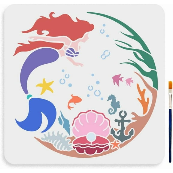 Stencil 11.811.8inch Large Sea Life Stencil Template with Paint Brush Summer Shell Fish Starfish Coral Anchor Drawing Stencil for DIY Projects Crafts Furniture Canvas Decor White