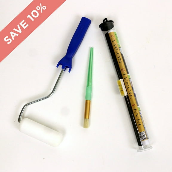 Stencil Essential Kit Dense Foam Roller White Bristle Brush and Clip On Level Multi Function Tool