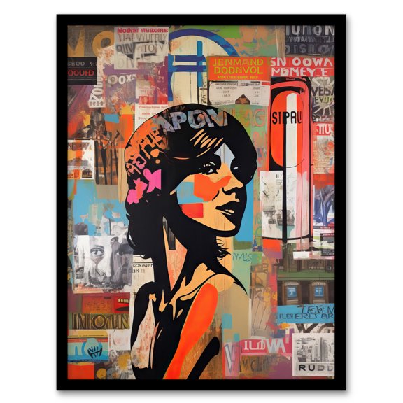 Stencil On City Poster Wall Young Woman Portrait Over Flyposter Adverts Vibrant Colourful Bold Pop Art Modern Painting Art Print Framed Poster Wall Decor 12x16 inch