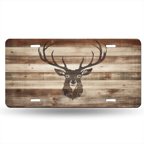 Stenciled Deer Head With Antlers On Rustic Wood Background Decorative Signboard, Decorative Metal Plate with 4 Holes, 6x12inch Artistic Plate Frame