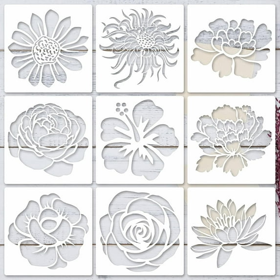 Stencils for Crafts, 9 PCS Flower Stencils for Painting Reusable Flower Template DIY Painting Stencils for Painting on Wood Canvas Fabric Floor Wall Card Decor