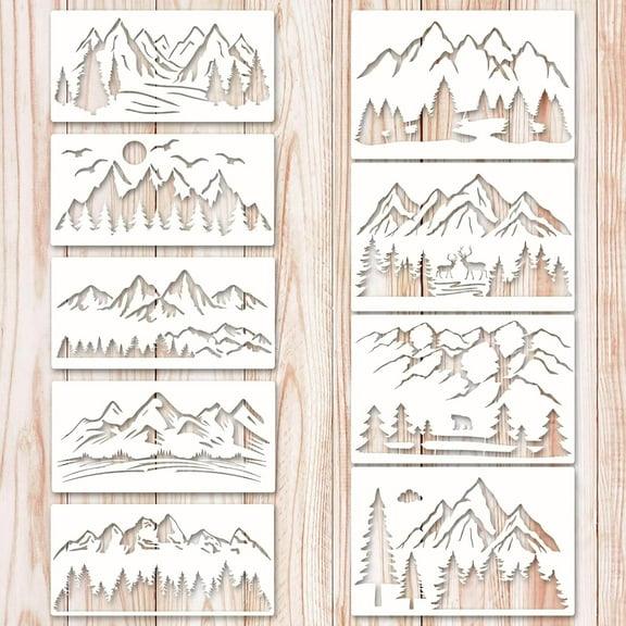Stencils for Crafts, 9 PCS Mountain Stencil Template Reusable Drawing Templates for Fabric Furniture Wall DIY Crafts