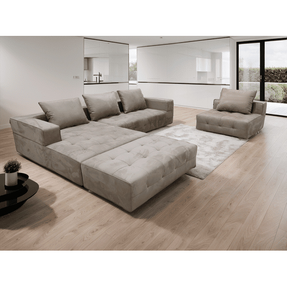 Stendmar 4 Piece 120-160" Modern Taupe Modular Design Microfiber Vlevet Fabric U Shape Low Profile Sectional Couch Sofa S8802RTA for Large Living Rooms