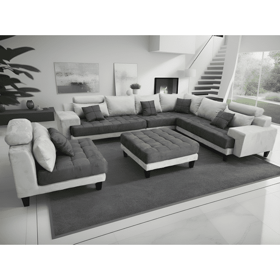 Stendmar L Shape U Shape Reversible Modern Microfiber Fabric Sectional Couch Sofa Set S150DRG (2 Tone Grey/Dark Grey)