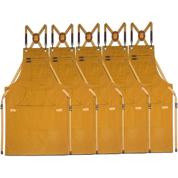 Stenffy 5Pack,Work Aprons,Canvas,Multiple Pockets, Aprons for Men Women, Size m to XXL, Khaki