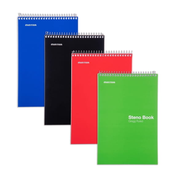 Mintra Office Steno Books - (Primary 4PK, Green Tint Paper, Gregg Ruled) - 6inx9in, 70 Sheets