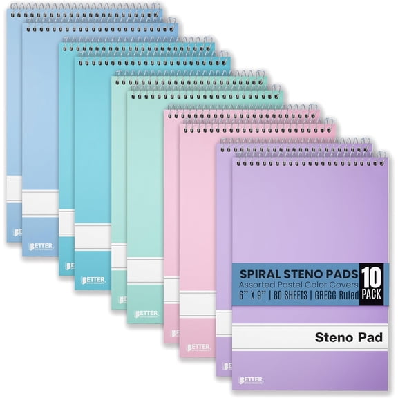Steno Pads Spiral 6x9, 10 Pack, Gregg Ruled, 80 Sheets, Assorted Pastel Covers, Notebooks Top for Note Taking