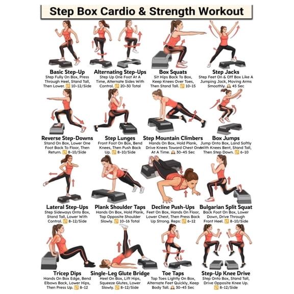 Step Box Workout poster Aerobic Step Cardio Full Body Exercises Chart, Plyo Box For Home Cardio, Strength, Weight Loss Home Gym Wall Art poster