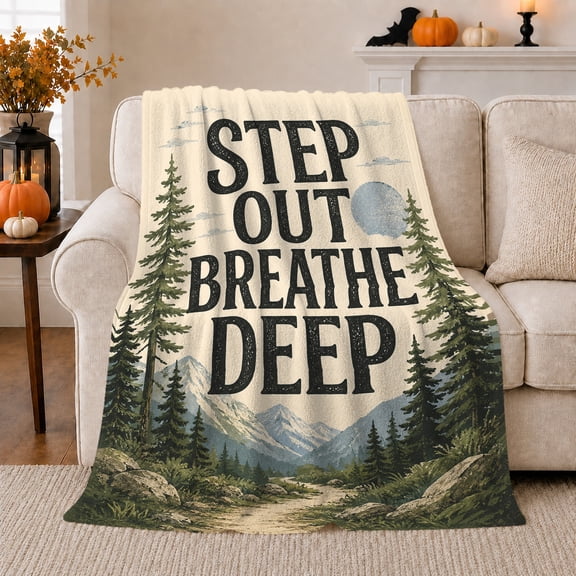 Step Out Breathe Deep Vintage Adventure Hiking Motif, Peaceful Mountain Lake Scene, Warm Flannel Blanket for Cabin and Lodge, Outdoor Lovers Camping Gift, Artistic Home Decor