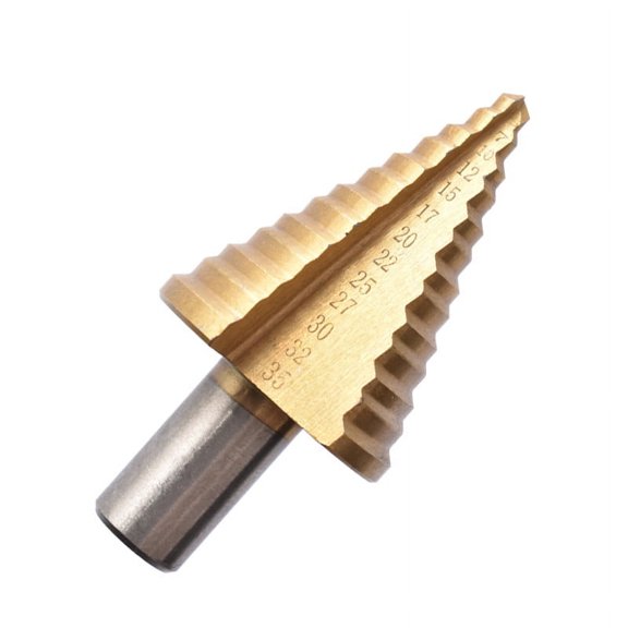 Step Cone Drill Bit Set HSS Titanium Coated 13 Step HSS Double Straight Slot Round Shank Flute Step Drill Cutting Tool for Wood Stainless Steel Sheet Metal 5-35mm(1pcs-Gold)