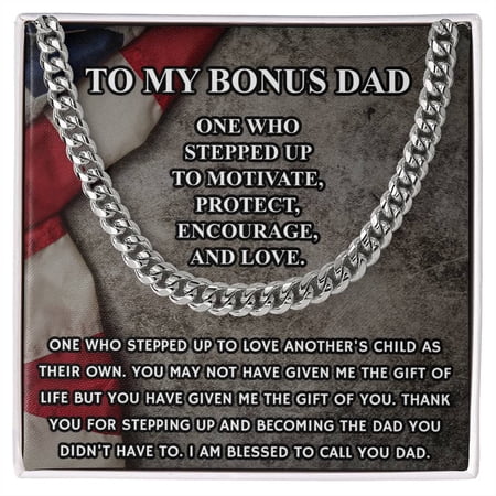 Step Dad Gift from Step Daughter, Bonus Dad Gift from Bonus Son, Fathers Day Sentimental Military Gift for Stepped Up Dad, Cuban Link Chain, Stainless Steel or Yellow Gold, Message Card & Gift Box