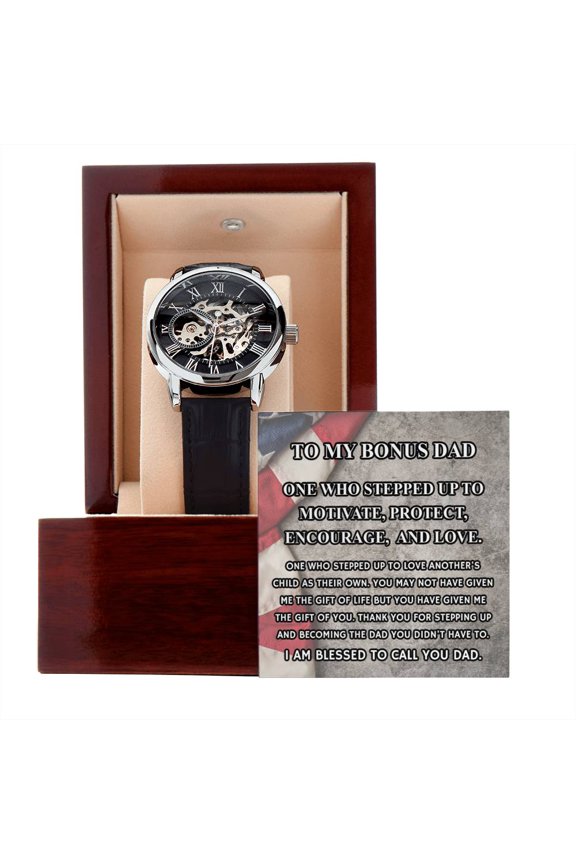 Step Dad Gift from Step Daughter, Openwork Automatic Leather Strap Mens Watch Gift for Men, To My Bonus Dad, Stepped Up Dad Gift - Men's Openwork Watch - Mahogany Gift Box