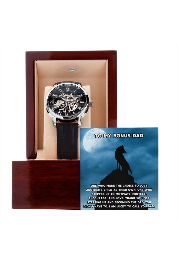 Step Dad Gift from Step Daughter, Openwork Automatic Leather Strap Mens Watch Gift for Men, To My Bonus Dad, Stepped Up Dad Gift - Men's Openwork Watch - Mahogany Gift Box