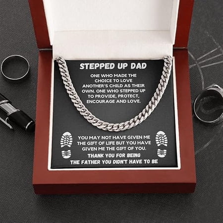 Step Dad Gifts From Daughter, Birthday Present For Bonus Dad Cuban Link Chain Necklace, Stepped Up Dad Gifts From Son To My Stepdad with Message Card and LED Box