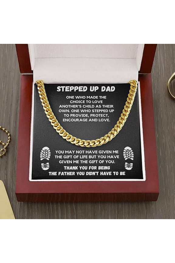 Step Dad Gifts From Daughter, Birthday Present For Bonus Dad Cuban Link Chain Necklace, Stepped Up Dad Gifts From Son To My Stepdad with Message Card and LED Box