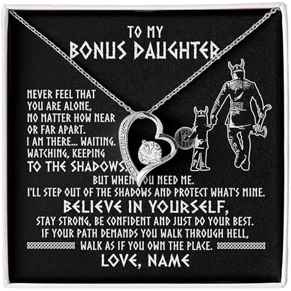 Step Daughter Gift Necklace from Step Father, Forever Love Heart Necklace Gift for Bonus Daughter from Bonus Dad with Message Card and Gift Box, Birthday Gift Her