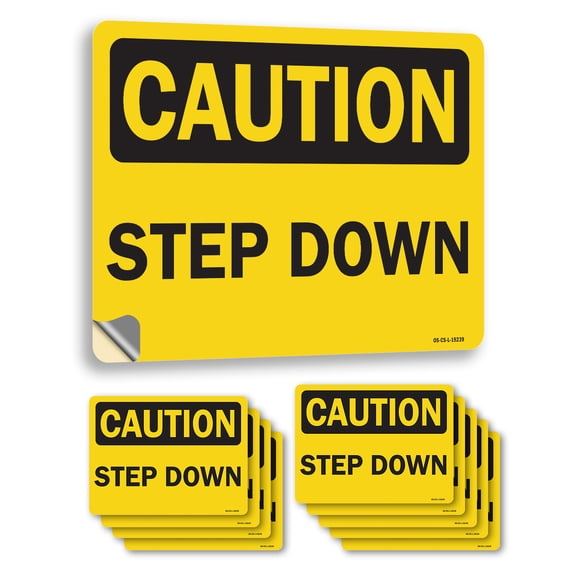 Step Down OSHA Caution Vinyl Decal Label 14 Inch x 10 Inch - 10 Pack