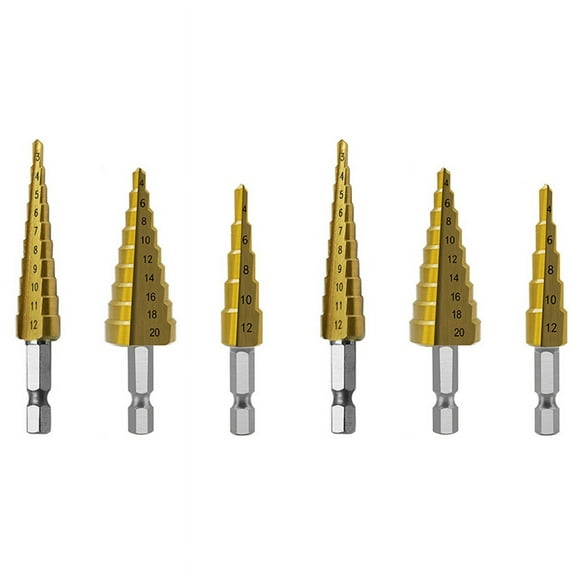 Step Drill Bit 6Pcs Hss Step Drill Bit Set Cone Hole Cutter Taper Metric Nitriding Hex Core Drill Bits Gold,6 x Step Drill Bits,Gold