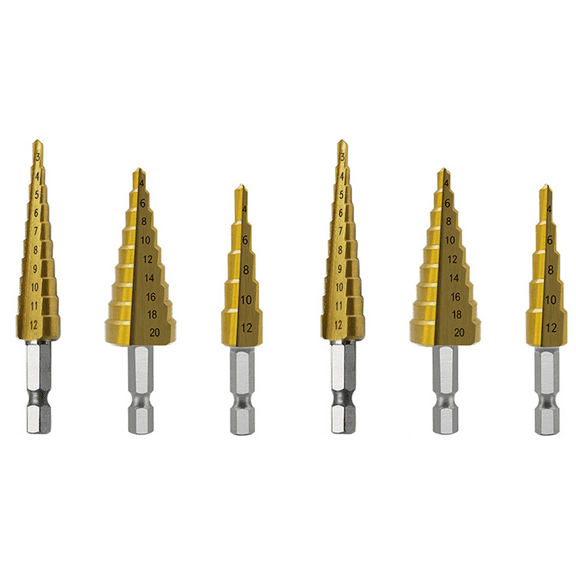 NEW Step Drill Bit 6Pcs Hss Set Cone Hole Cutter Taper Metric Nitriding Hex Core Bits Gold
