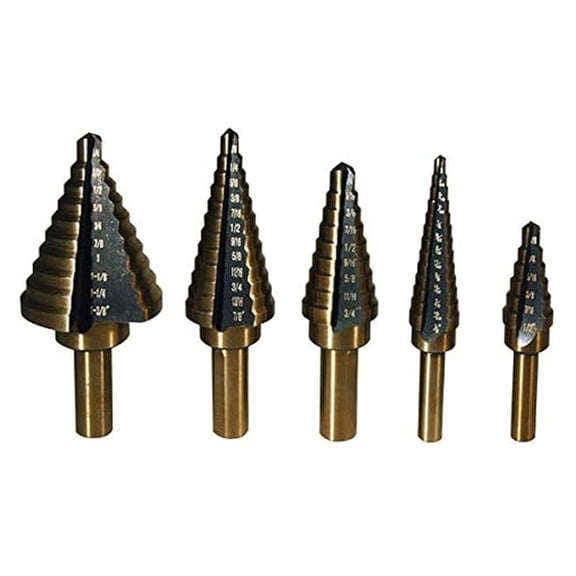 Step Drill Bit Set 5-Piece - 9200 Series for Metal, Wood, Plastic - Deburring Drill Bits with 1/4", 3/8" Shanks - Auto Deburring Hole Saw Kit