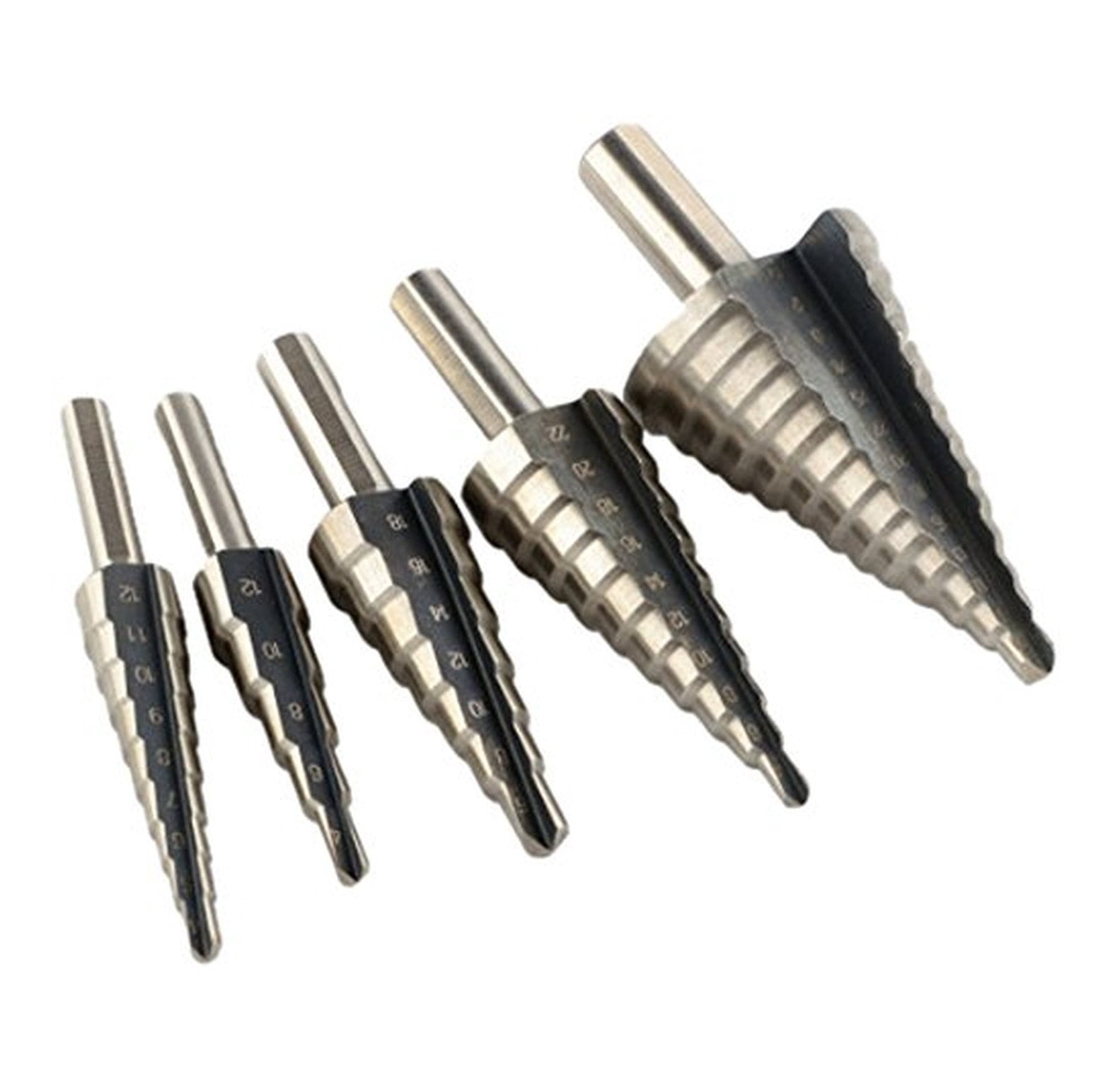 Step Drill Bit Set 5-Piece with Case - HSS, 4-35mm, 6/8/10mm Shank - Metal, Wood, Plastic Drilling - Deburring & Versatile