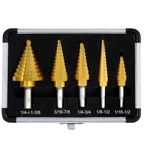 Step Drill Bit Set for Metal- 5PCS Ti Step Bit with Two Straight Flutes | 50 Sizes 4241 HSS Drill Set from 1/16" to 1-3/8" for Aluminum, Wood & Plastic, Unibit for Electricians & DIY