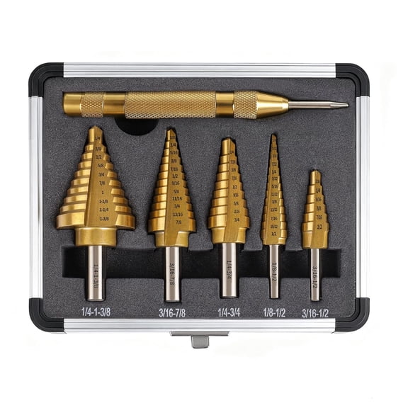 Step Drill Bit Set Unibit 5PCS,HSS Titanium Coated, 50 Sizes High Speed Steel for Metal, Sheet Metal, Plastic & Wood, with Automatic Center Punch & Aluminum Case