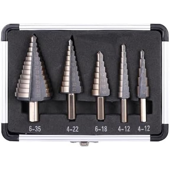 Step Drill Bits, 5 count (44 Sizes) Metric HSS Step Unibit Drill Bit Set with  Case, Double  ,  Steel, Multiple Hole Stepped Up Bits for DIY Lovers