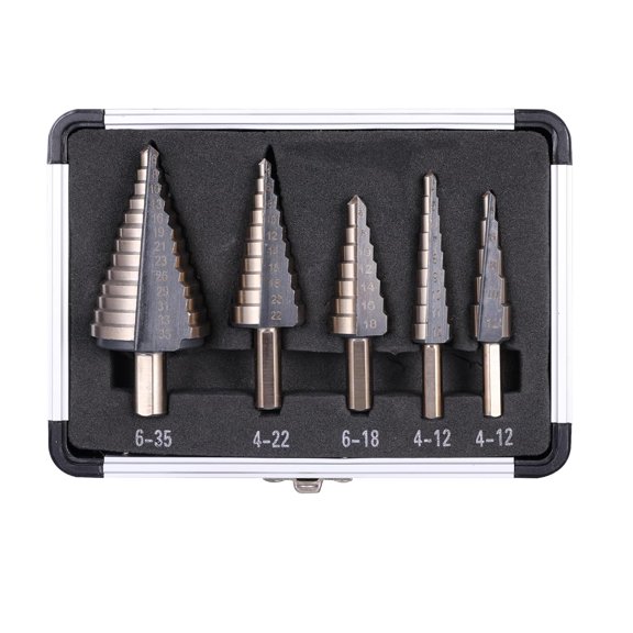 Step Drill Bits, 5PCS (44 Sizes) Metric HSS Step Unibit Drill Bit Set with Aluminum Case, Double Cutting Blades, High-Speed Steel, Multiple Hole Stepped Up Bits for DIY Lovers