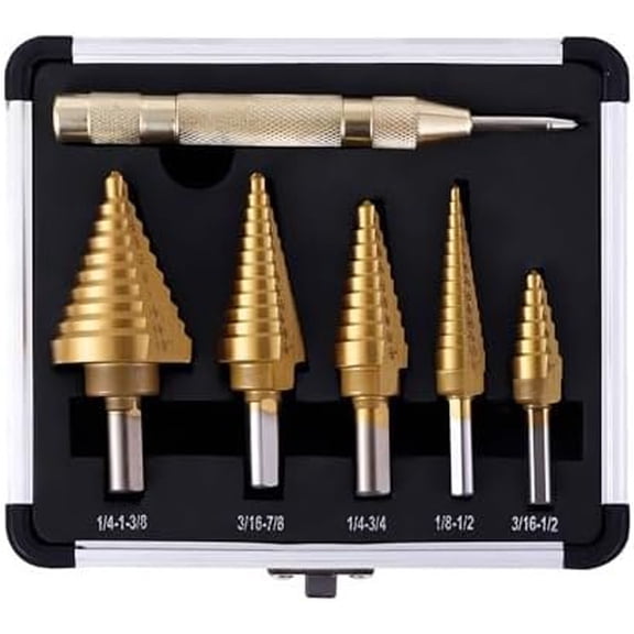 Step Drill Bits, 6 count (50 Sizes) HSS Step Unibit Drill Bits with Automatic Center Punch, Double , Steel, Multiple Hole Stepped Up Bits for DIY Lovers with Case