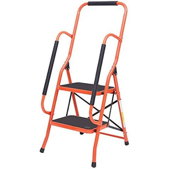 Step with Handrails, Step Stool with Handle for Elderly, Folding Step Stool with Widened Anti-Slip Pedal, Multi-use for Kitchen Office Home (Orange, 2)$$Tools