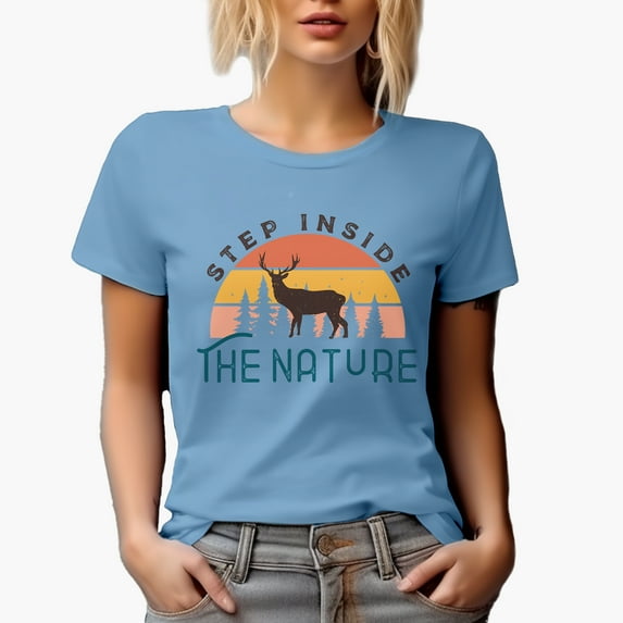 Step Inside the Nature, Retro Deer Art Adventure Themed Merch Gift, Baby Blue T-Shirt, Small