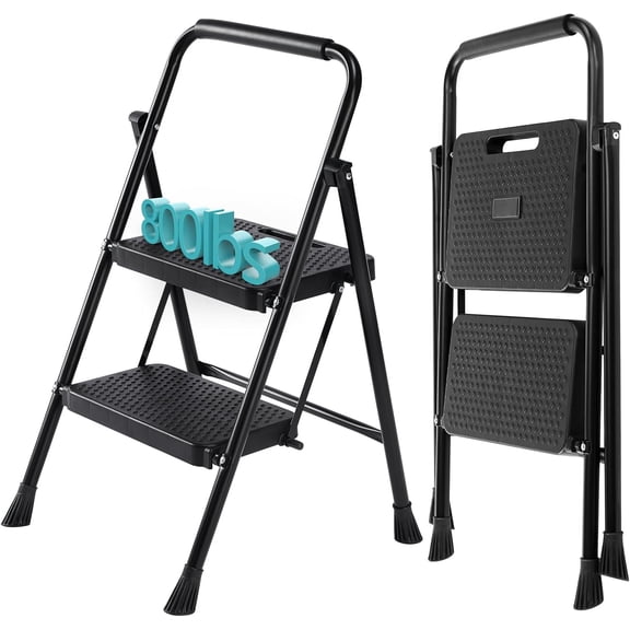 Step Ladder, 2 Step Stool Foldable with Anti-Slip Pedal & Comfortable Handrail, 800lbs Capacity Sturdy Steel Ladder, Protable Heavy Duty Step Stool for Kitchen, Garage & Outdoor Use, Black