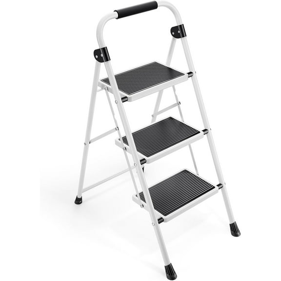 Step Ladder 3 Step Folding with with Anti-Slip and Wide Pedal,Portable Foldable,Tall Sturdy Step Ladder with Handgrip for Home Kitchen Household,White
