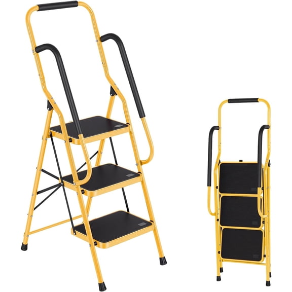Step Ladder 3 Step Folding with Handrails, Folding Step Stool with Wide Anti-Slip Pedal, Sturdy Steel Portable Ladder, Lightweight Step Stool Foldable for Library Home Garage Office, Yellow