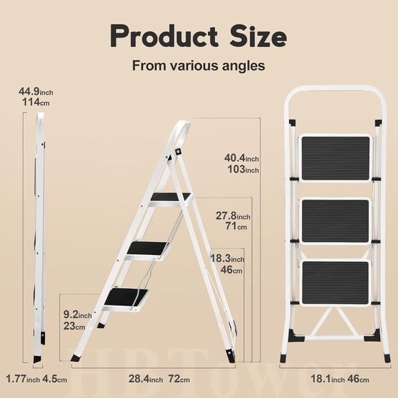 Step Ladder 3 Step Folding Ladder, Lightweight Portable Stepladder with Anti-Slip Pedal, Ladders with Convenient Handrails,330 lbs Capacity Step Stool for Kitchen, Home,White