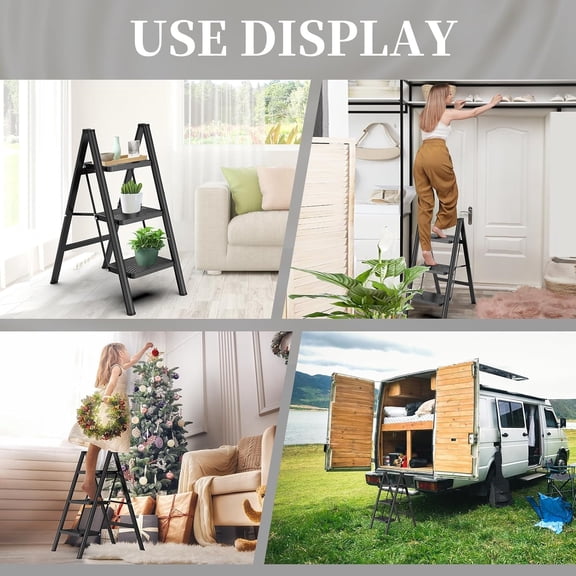 Step Ladder 3 Step Folding, Small Step Stool for Adults, Closet Step Stool Lightweight Kitchen Ladder 3 Step Ladder with Anti-Slip Wide Pedals, Black